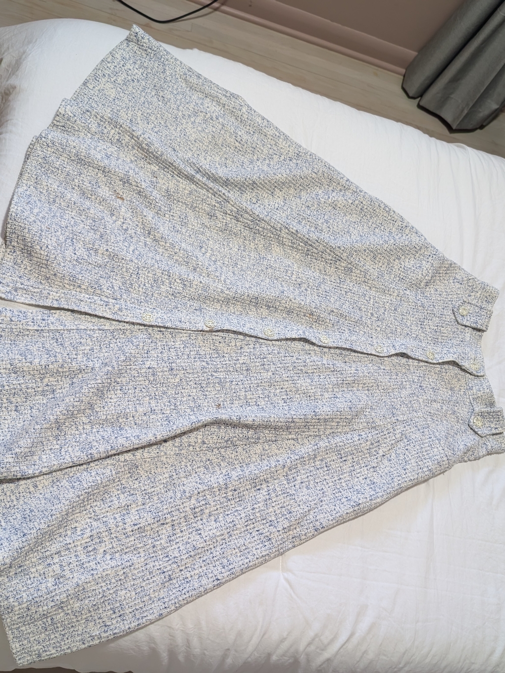 Blue and White Textured Button-Front Maxi Skirt